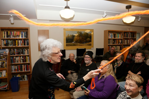 Joan demonstrating the “Fly-O” rod